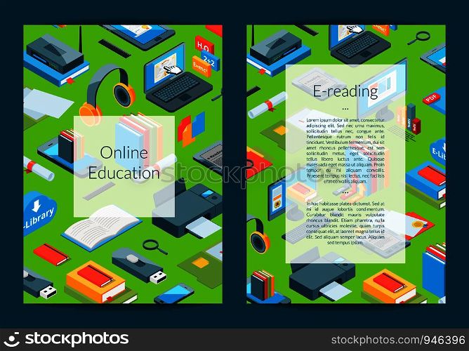 Vector isometric online education icons card or flyer template illustration. Vector isometric online education