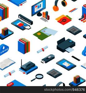 Vector isometric online education icons pattern or background illustration. Colored book and computer. Vector isometric online education icons pattern or background illustration
