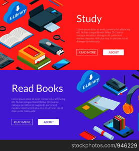 Vector isometric online education icons web banner templates illustration. Banner read book and study. Vector isometric online education icons web banner templates illustration