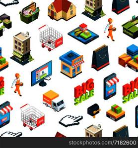 Vector isometric online shopping icons background or pattern illustration. Delivery and commerce, online shop and web market. Vector isometric online shopping icons background or pattern illustration