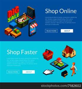 Vector isometric online shopping icons illustration. Mobile sale isometric, payment internet, online store service. E-shopping banners. Vector isometric online shopping icons illustration