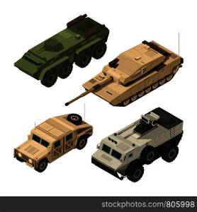 Vector isometric pictures set of different military vehicles isolate on white. Illustration of armored tank and car i with gun. Vector isometric pictures set of different military vehicles isolate on white