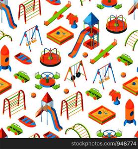 Vector isometric playground objects background or pattern illustration. Swing outdoor, recreation carousel. Vector isometric playground objects background or pattern illustration
