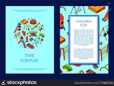 Vector isometric playground objects card, flyer or brochure template illustration. Vector isometric playground