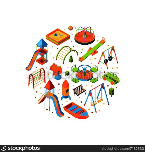 Vector isometric playground objects in circle shape illustration isolated on white. Vector isometric playground objects illustration