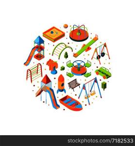 Vector isometric playground objects in circle shape illustration isolated on white. Vector isometric playground objects illustration