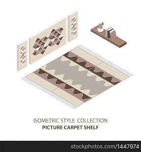 Vector isometric set of cappet room in mid century style., poster and book shelf on the wall. Detailed illustration.
