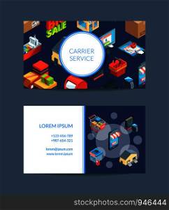 Vector isometric shipping and delivery business card template illustration isolated. Vector isometric shipping delivery business card illustration