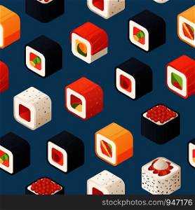Vector isometric sushi pattern or background illustration. Colored pattern food. Vector isometric sushi pattern or background illustration