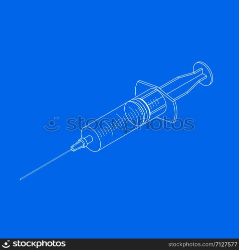 vector isometric white outline design medicine disposable syringe with needle illustration isolated blue background. isometric medicine disposable syringe illustration