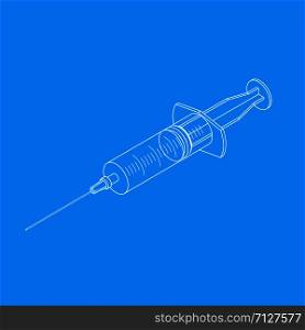 vector isometric white outline design medicine disposable syringe with needle illustration isolated blue background. isometric medicine disposable syringe illustration