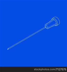 vector isometric white outline design syringe needle illustration isolated blue background. isometric syringe needle illustration