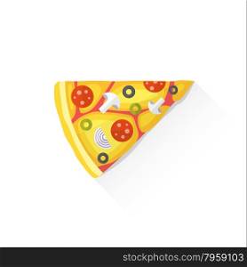vector italian triangular piece of pizza tomato mushrooms pepperoni sausage olives onion cheese flat design isolated illustration on white background with shadow &#xA;