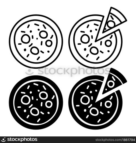 vector italian whole pizza and slice icons isolated on white background. flat pizza symbol for restaurant food illustrations