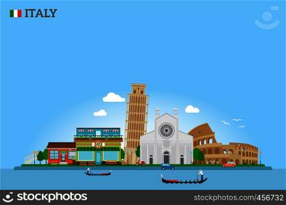 Vector Italy Skyline and Italy flag. Vector illustration. Vector Italy Skyline and flag