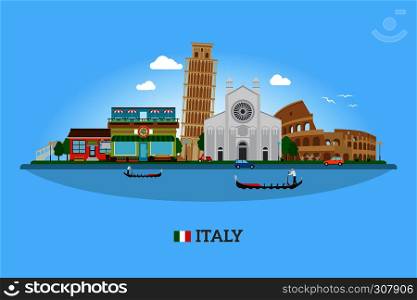 Vector Italy skyline with landmarks and Italy flag for tourism and travel banners. Vector Italy skyline