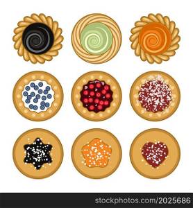 vector jam and chocolate pie set. fruit tart with tasty berry jam filling isolated on white background. flat pie icons