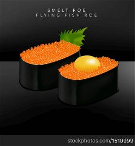 Vector Japanese Fine Dining or Sushi Bar Restaurant Realistic Smelt or Flying Fish Roe Sushi Illustration with Quail Egg Yolk or Basil Leaf for Menu or Advertising.