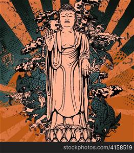 vector japanese grunge background with buddha