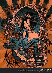 vector japanese grunge background with geisha
