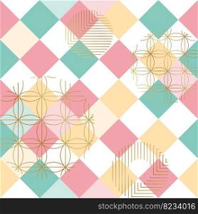 Vector Japanese Style Multi Pastel Colors Floral and Checker Seamless Pattern. 