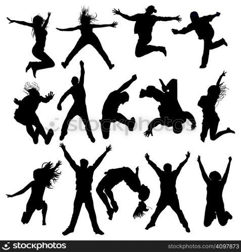 vector jumping and flying people silhouettes