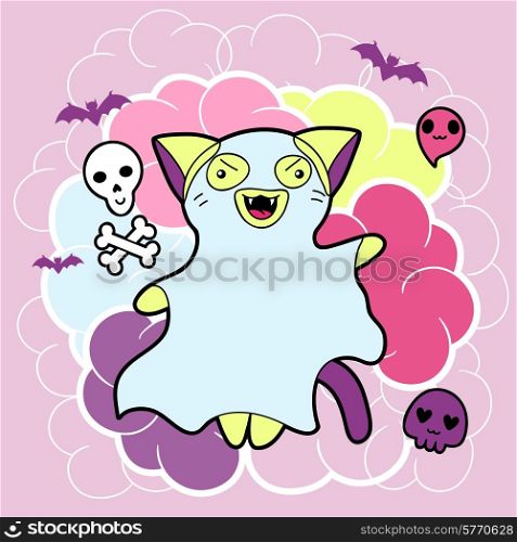 Vector kawaii illustration Halloween cat and creatures.. Vector kawaii illustration Halloween cat and creatures