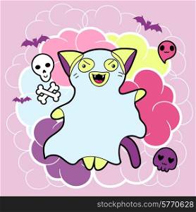 Vector kawaii illustration Halloween cat and creatures.. Vector kawaii illustration Halloween cat and creatures