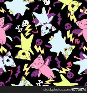 Vector kawaii pattern of Halloween cats and creatures.. Vector kawaii pattern of Halloween cats and creatures