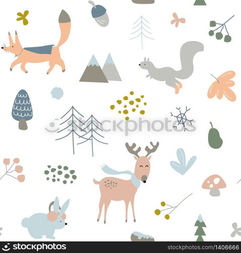 Vector Kids, Children or Infants Seamless Repeat Pattern, Winter Forrest Animal Theme