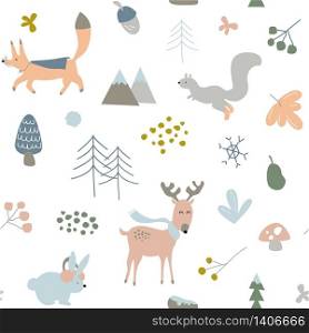 Vector Kids, Children or Infants Seamless Repeat Pattern, Winter Forrest Animal Theme