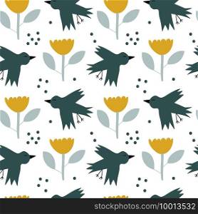 Vector kids seamless background spring pattern with scandinavian bird and flower for baby shower, summer textile design. Simple texture for nordic wallpaper, fills, web page background.. Vector kids seamless background spring pattern with scandinavian bird and flower for baby shower, summer textile design. Simple texture for nordic wallpaper, fills, web page background