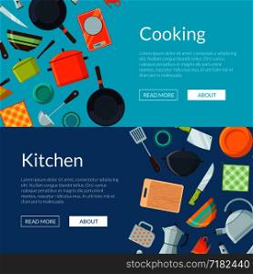 Vector kitchen colored utensils flat icons horizontal web banners and poster illustration. Vector kitchen utensils flat icons horizontal web banners illustration