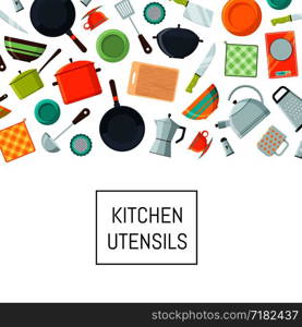 Vector kitchen utensils flat icons background with place for text illustration. Vector kitchen utensils flat icons