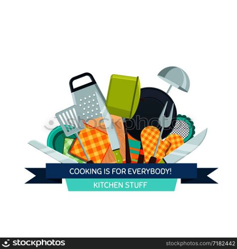 Vector kitchen utensils flat icons under ribbon illustration isolated on white background. Vector kitchen utensils flat icons illustration