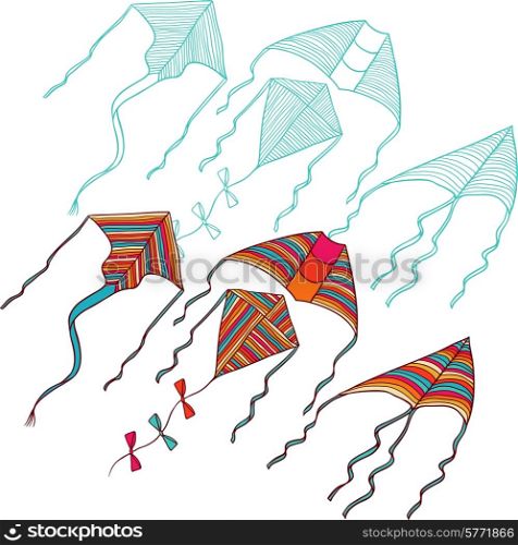 Vector kites for your design. Hand drawn illustration.. Vector kites for your design. Hand drawn illustration