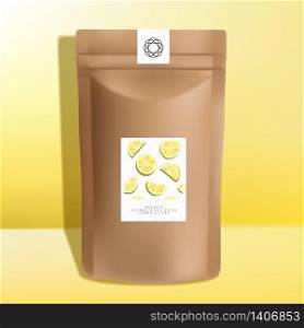 Vector Kraft Paper Zipper Pouch or Sachet Packaging, Dried Lemon Slices Snack Design