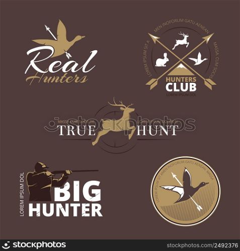 Vector labels with duck, deer, hare, gun and hunter. Hunt with gun, hunt duck, emblem hunting, logo hunter, hunt badge label, hunter club, hunt animal illustration. Vector labels with duck, deer, hare, gun and hunter
