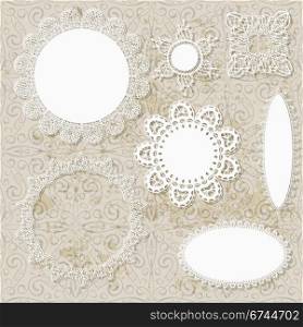 vector lacy scrapbook napkin design patterns on seamless grungy background