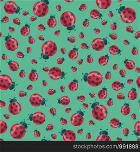 vector ladybug seamless pattern. red ladybird cartoon symbols on green background. cute dotted lady bug summer illustration