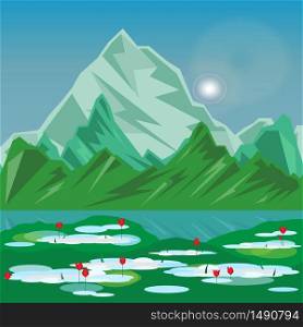 Vector landscape. Green mountains peaks reflects in a clear water.