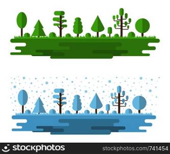 Vector Landscape of Forest, Park, Alley with Different Trees. Summer and Winter Forest Panorama, Outdoor. Flat Style. Vector illustration isolated on white background.