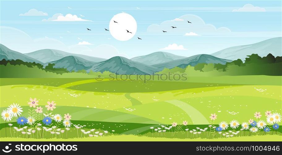 Vector landscape of Spring field with farmhouse, wild flowers and family bee flying, Panorama view in the summer with honey bee collecting pollen on flowers with morning sunlight,