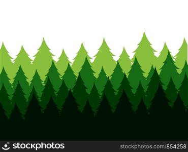 Vector landscape with silhouettes of green coniferous trees in the mist