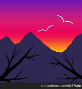 Vector landscape with silhouettes of mountains, trees, birds with sunrise or sunset sky.Vector, landscape, nature, silhouette, mountains, trees, bird, sunrise, sunset, sky, sun, panorama, beautiful, travel, design, landscape, graphic, sunshine, majestically, climb, mountain recreation, mountain range, height, peak, morning, outdoor recreation, evening, range, birds, walk, traveler, vacation, climber, route, trip, tour, enjoy, emblem, banner, concept, location, modern, navigation, excursion, activity, hiking, idea , solution, mountain air