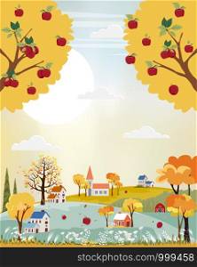Vector landscapes of Countryside in autumn,Panoramic of cute cartoon village in mid autumn with field, mountains, wild flower and apples trees in yellow foliage. fall season background