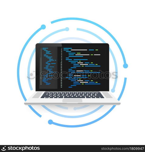 Vector laptop coding concept. Web developer, design, programming. Laptop screen code. Vector illustration. Vector laptop coding concept. Web developer, design, programming. Laptop screen code. Vector illustration.