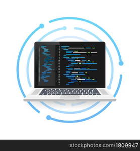 Vector laptop coding concept. Web developer, design, programming. Laptop screen code. Vector illustration. Vector laptop coding concept. Web developer, design, programming. Laptop screen code. Vector illustration.
