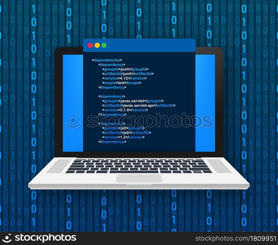 Vector laptop coding concept. Web developer, design, programming. Laptop screen code. Vector illustration. Vector laptop coding concept. Web developer, design, programming. Laptop screen code. Vector illustration.