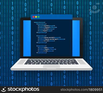 Vector laptop coding concept. Web developer, design, programming. Laptop screen code. Vector illustration. Vector laptop coding concept. Web developer, design, programming. Laptop screen code. Vector illustration.